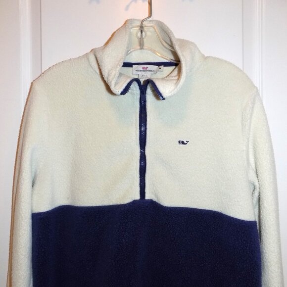 VINEYARD VINES Medium High Pile Sherpa Fleece 1/2 Zip Pullover Off-white Blue - Picture 2 of 6